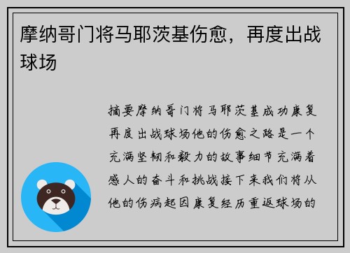 摩纳哥门将马耶茨基伤愈，再度出战球场
